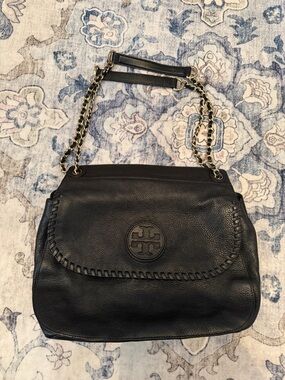 Tory Burch Marion Black Leather Chain-Accent Shoulder Bag